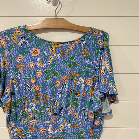 Ann Taylor LOFT OUTLET | Dress Midi Floral Blue Short Sleeve- Large Petite - Picture 6 of 8
